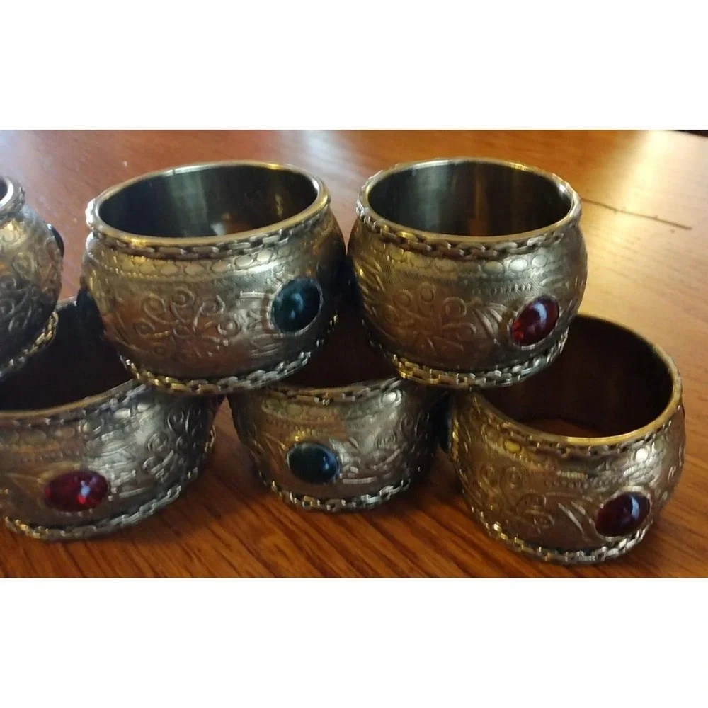 Vintage Brass Napkin Rings Etched Glass Cobachon Gothic Romantic Castlecore EXC
